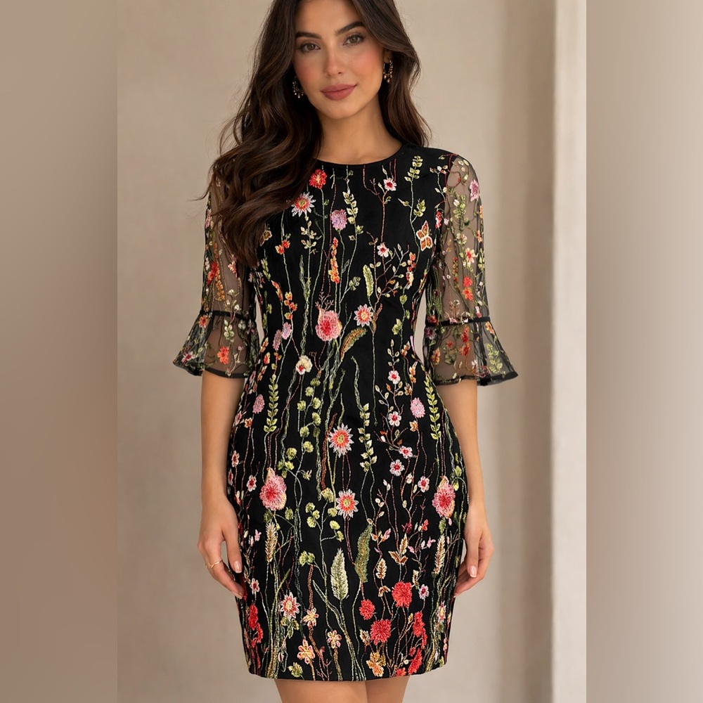 Papillon Black Floral Embroidered Mesh Ruffle Bell Sleeve Knee Length Dress M